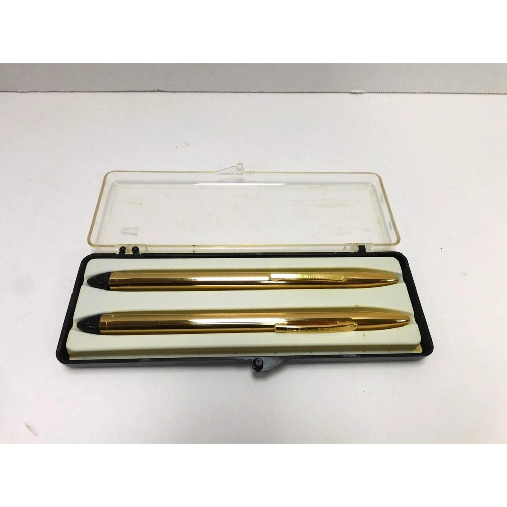 Vtg Magic Writer Set Of 2 USA Automatic Gold Colored Ballpointer Metal PensDW766